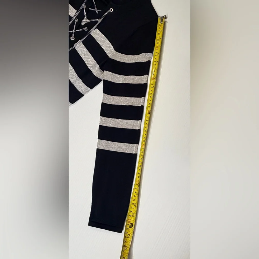 MICHAEL KORS Black Silver Striped Tunic Sweater Chain Lace-Up - Size M